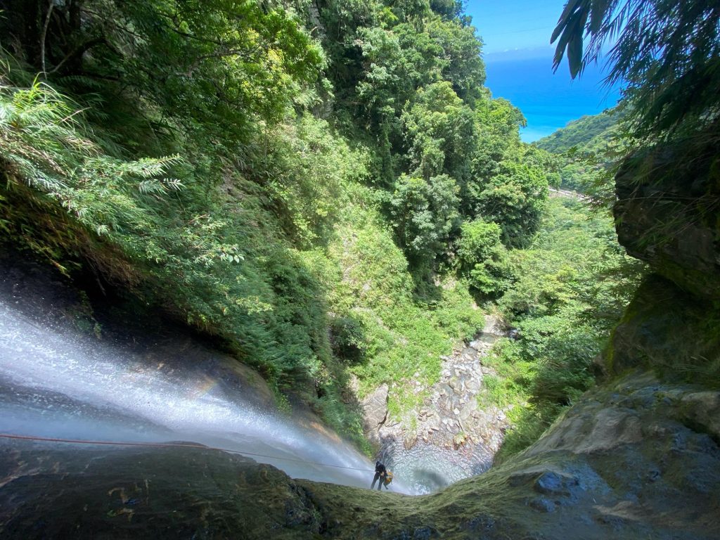 A view of a waterfall overlooking the blue ocean in Taiwan.